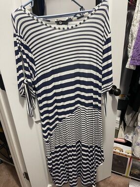 Striped Navy and White Midi Dress - Casual Tie-Sleeve